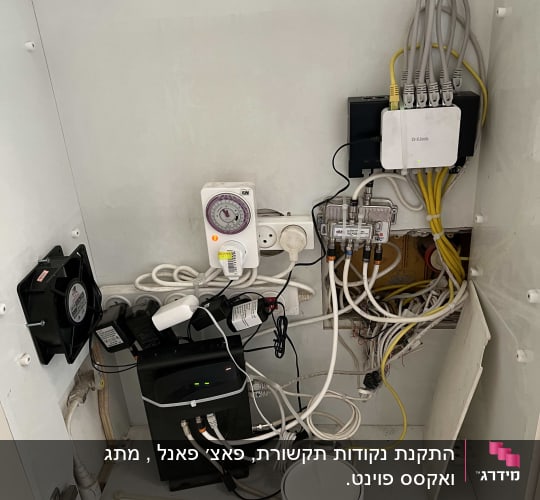 ארון תקשורת עם נתבים, כבלים ומתגים